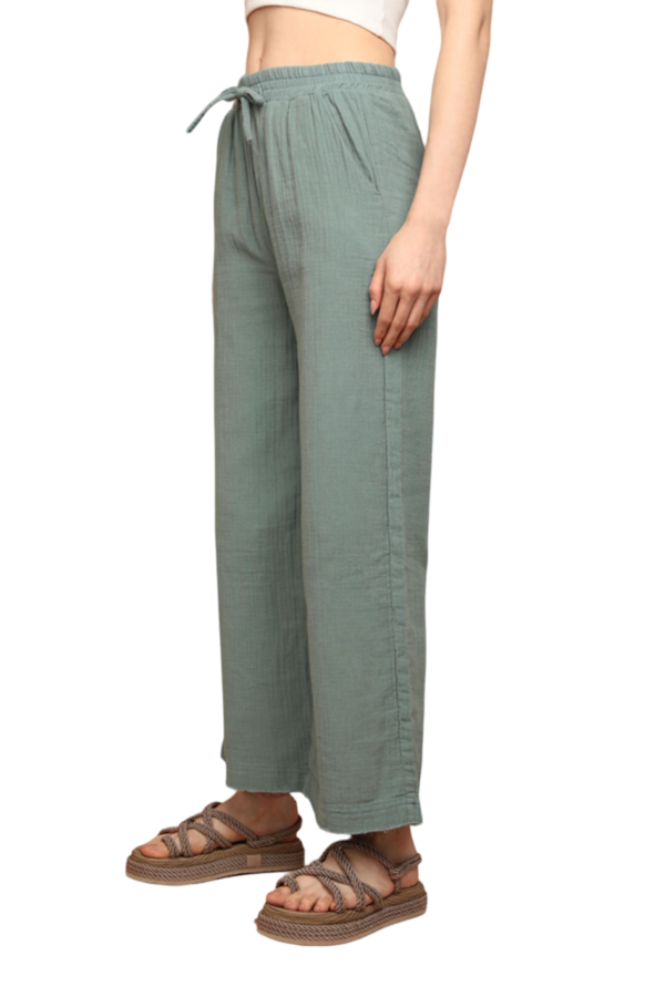 Muslin Fabric (%100 Cotton) Elastic Waist, Wide Leg Women's Trousers - Dark Green – Bild 4