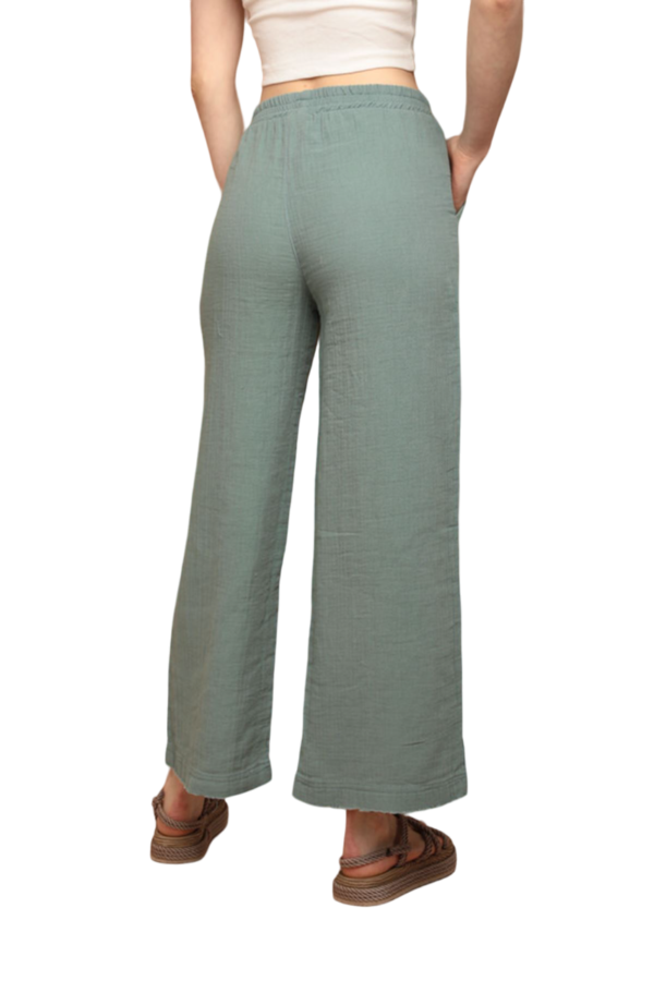 Muslin Fabric (%100 Cotton) Elastic Waist, Wide Leg Women's Trousers - Dark Green – Bild 3