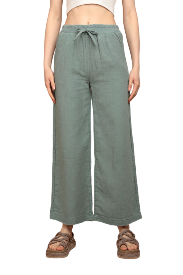 Muslin Fabric (%100 Cotton) Elastic Waist, Wide Leg Women's Trousers - Dark Green – Bild 2