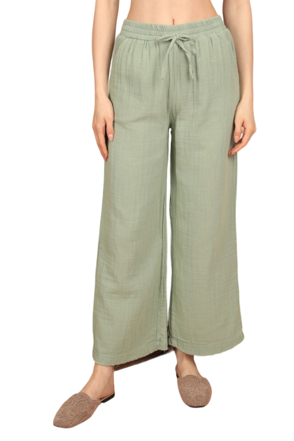 Muslin Fabric (%100 Cotton) Elastic Waist, Wide Leg Women's Trousers - Green - Imagen 5