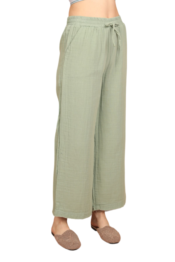 Muslin Fabric (%100 Cotton) Elastic Waist, Wide Leg Women's Trousers - Green - Imagen 4