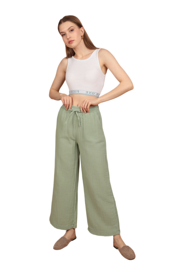 Muslin Fabric (%100 Cotton) Elastic Waist, Wide Leg Women's Trousers - Green