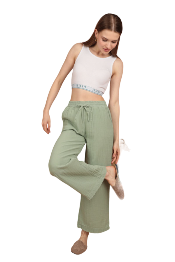 Muslin Fabric (%100 Cotton) Elastic Waist, Wide Leg Women's Trousers - Green - Imagen 2