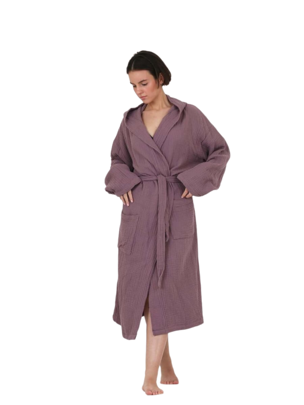 100% Cotton Unisex 4 Layer Luxury Muslin Hooded Bath Robe – Image 3