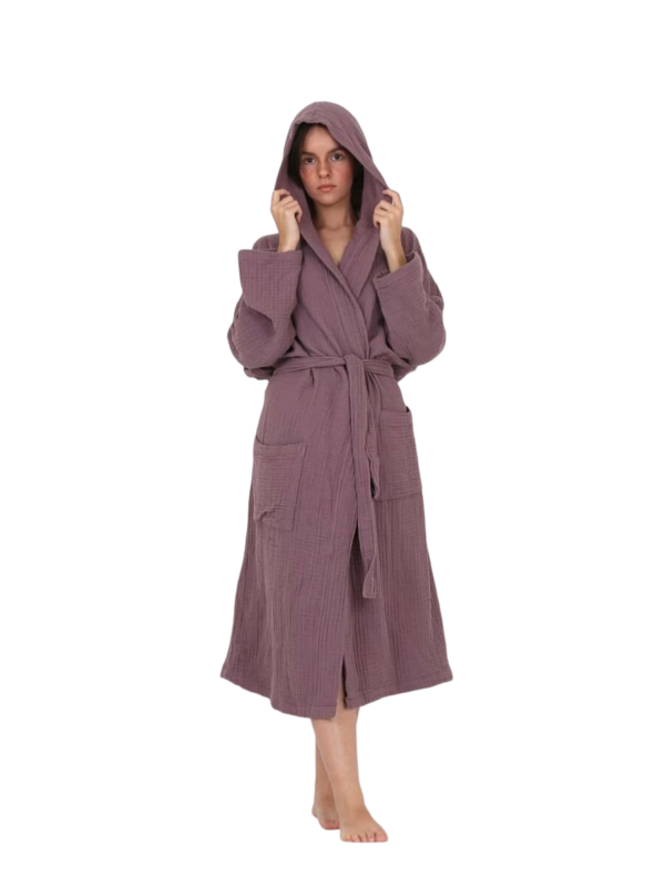 100% Cotton Unisex 4 Layer Luxury Muslin Hooded Bath Robe – Image 2