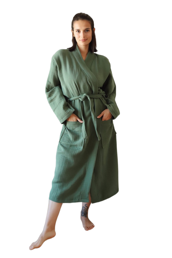 Unisex Luxury Muslin Cotton Bath Robe Towelling Dressing Gown Terry Towel Soft Khaki - Imagen 2