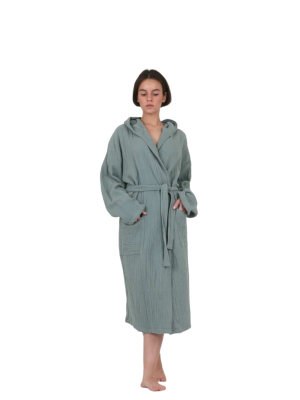 Unisex 4 Layer Luxury Muslin 100% Cotton Hooded Bath Robe - Tealish Green - immagine 3