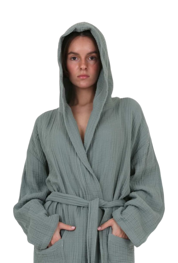 Unisex 4 Layer Luxury Muslin 100% Cotton Hooded Bath Robe - Tealish Green