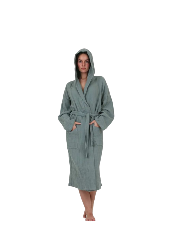 Unisex 4 Layer Luxury Muslin 100% Cotton Hooded Bath Robe - Tealish Green - immagine 2