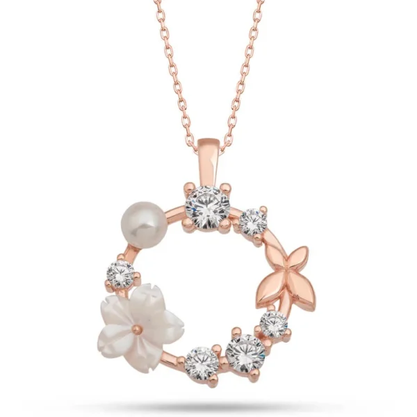 925 Sterling Silver Rose Gold Magnolia Flower Gemstone Pearl Women Necklace - Image 2