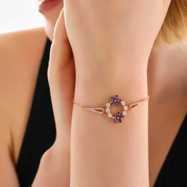 925k Exquisite Rose Gold Bracelet With Purple Floral Accents – Women’s Fashion