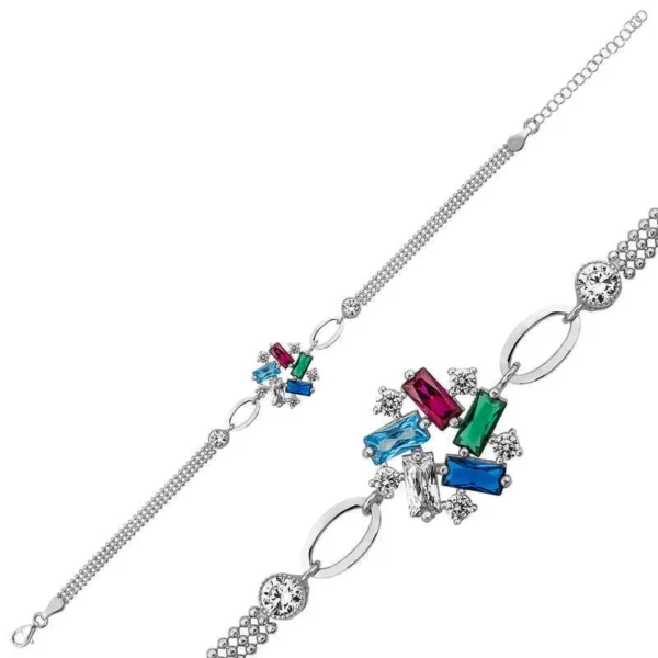 925k Sterling Silver Vibrant Baguette Women’s Bracelet With Colorful Gemstones