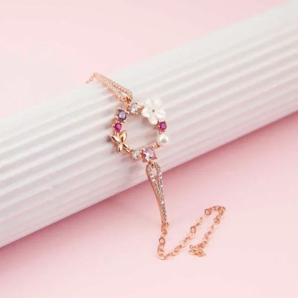 Exquisite Rose Gold Women’s Bracelet With Pearl And Butterfly – Magnolia Flower Elegance